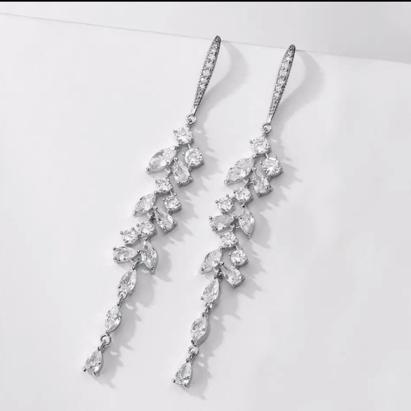 Cubic Zirconia Crystal Long Leaf Shaped Dangle Earrings - Picture 1 of 4